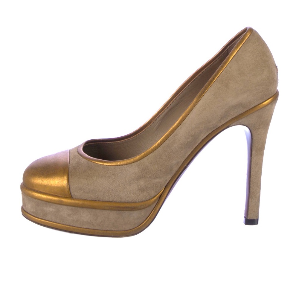CHANEL gold metallic suede CC interlocking logo heels